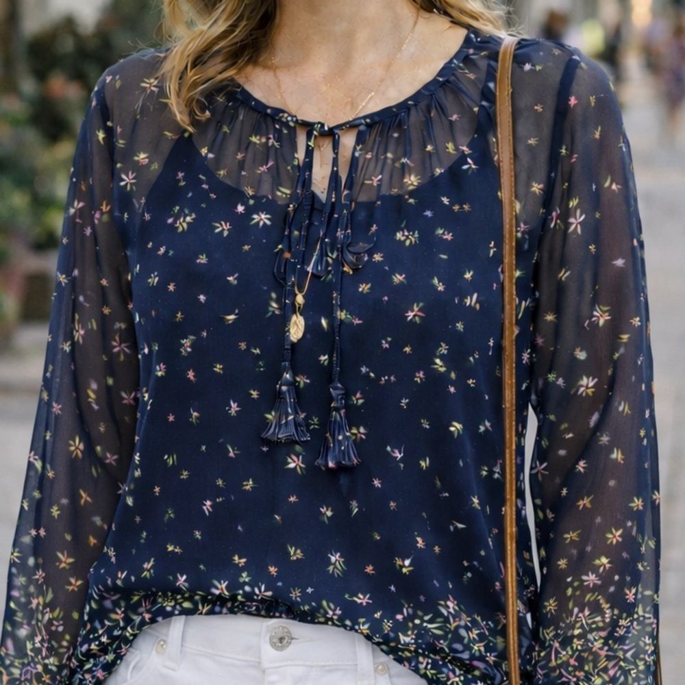 Liverpool LP Navy Floral Sheer Peasant Chiffon Blouse Boho Cottagecore Fairy